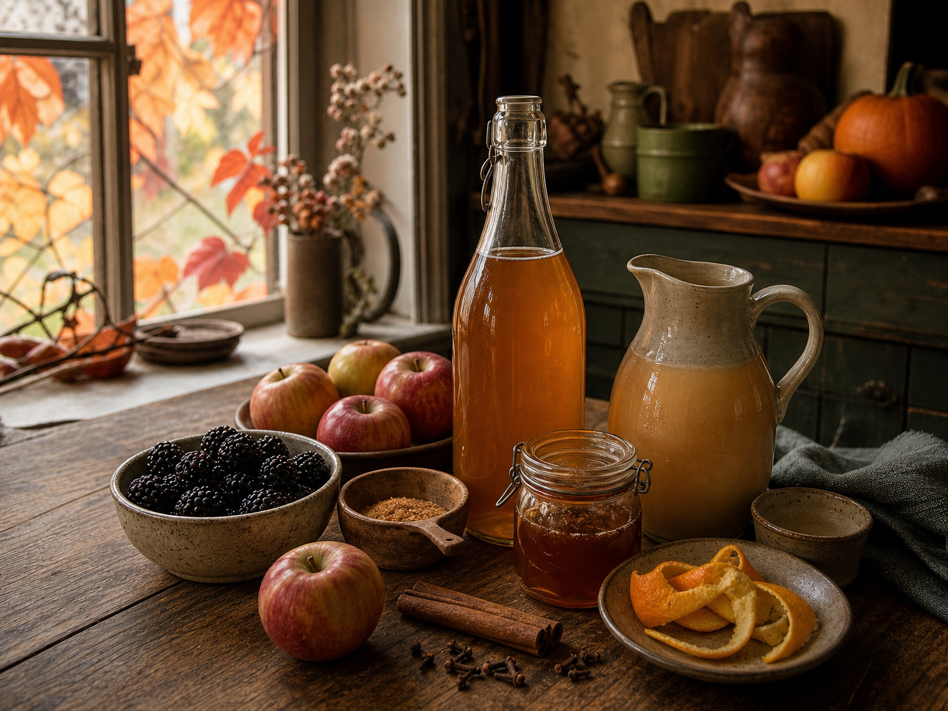Cider, apple juice, apples, blackberries, cinnamon and orange arranged in the Cottage Kitchen.