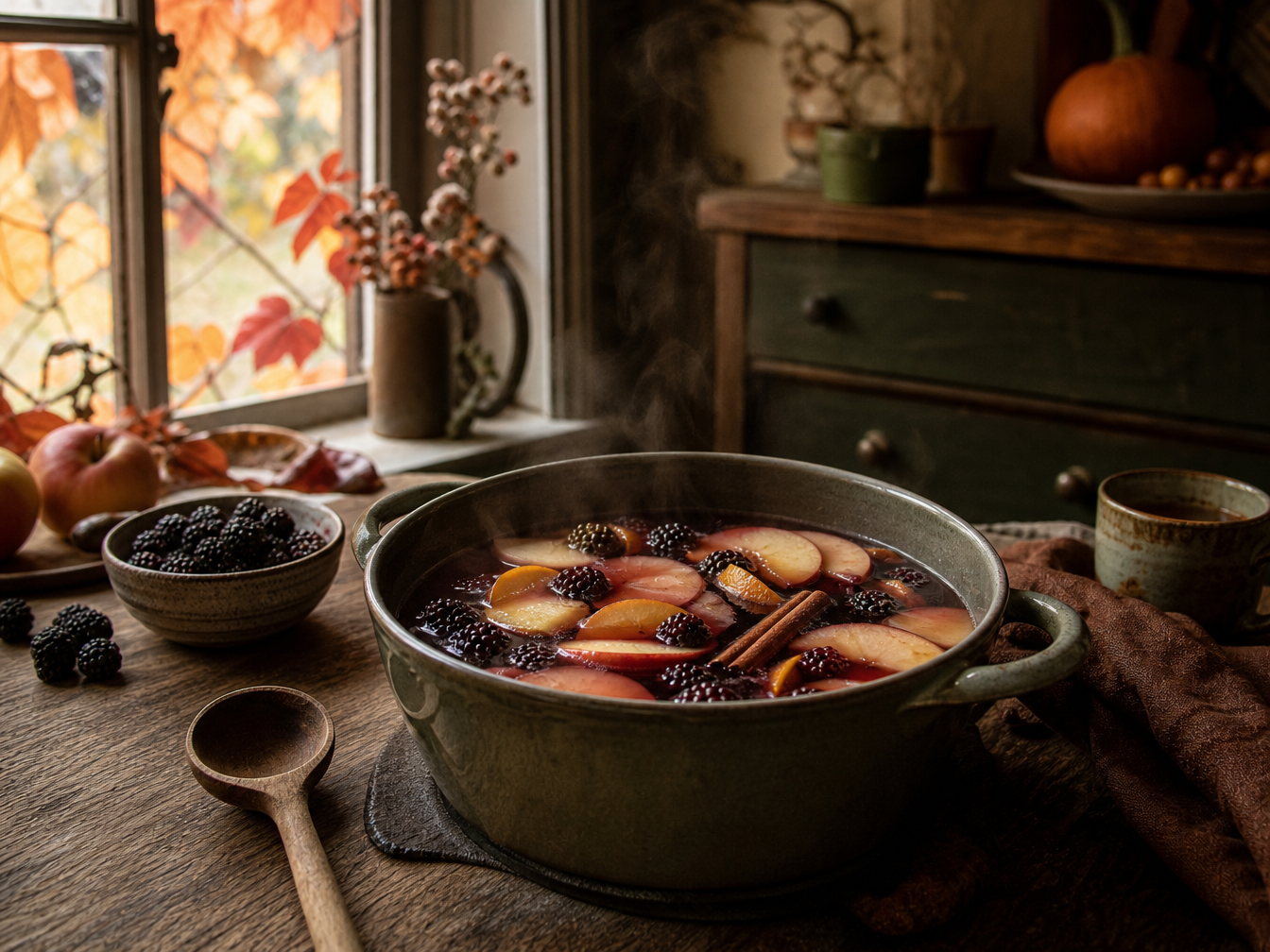 Warm apple and blackberry cider gently heating with fruit and cinnamon.
