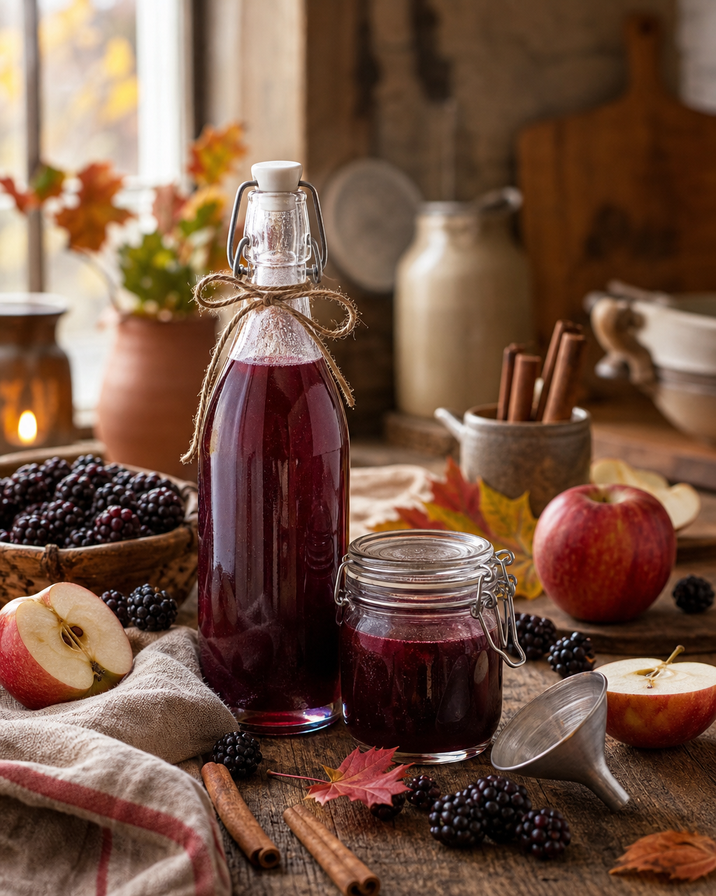 Bottle and jar of apple and blackberry cordial on a rustic autumn kitchen table