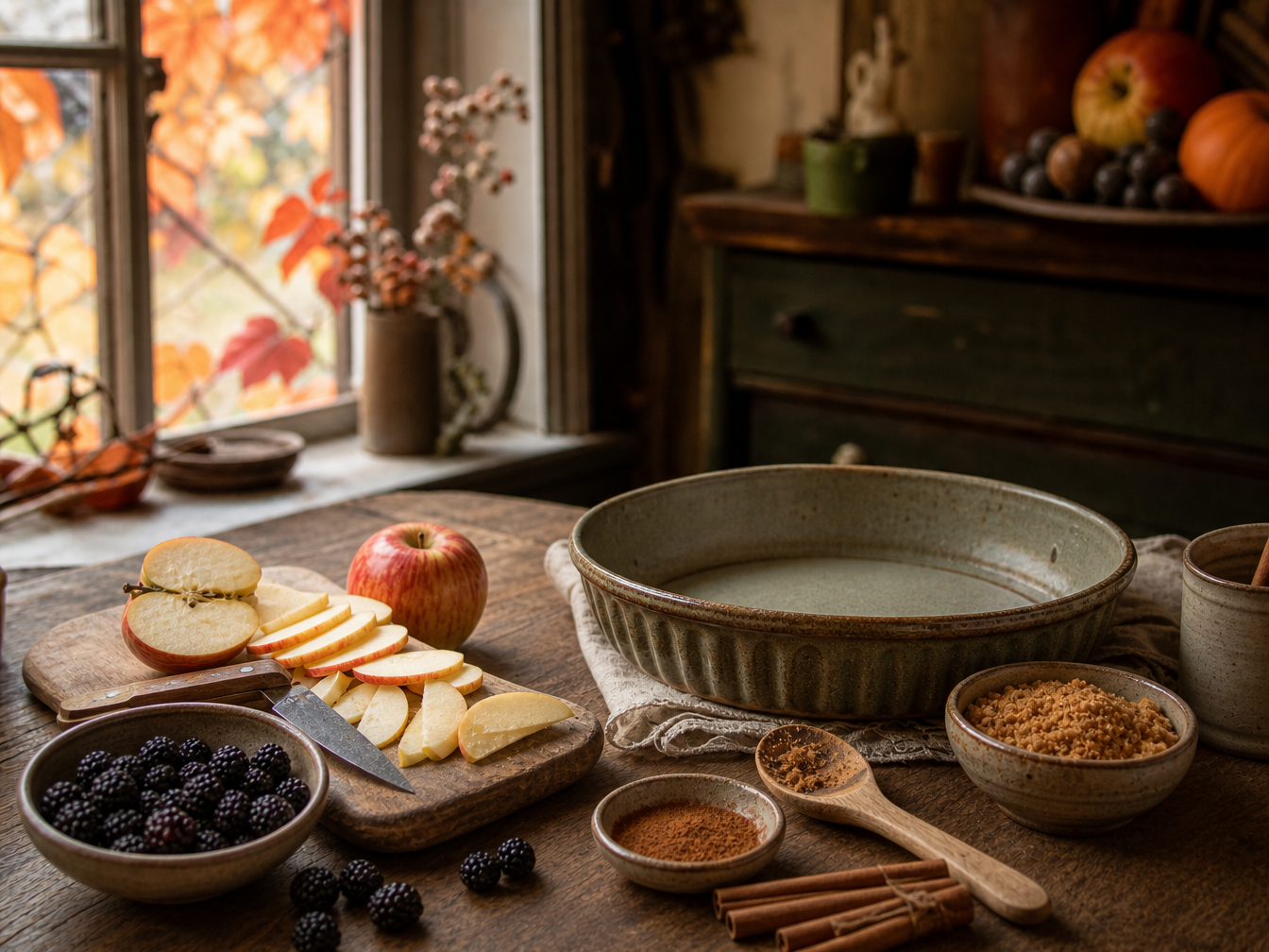 Fresh apples and blackberries with cinnamon and a rustic baking dish arranged in the Cottage Kitchen.