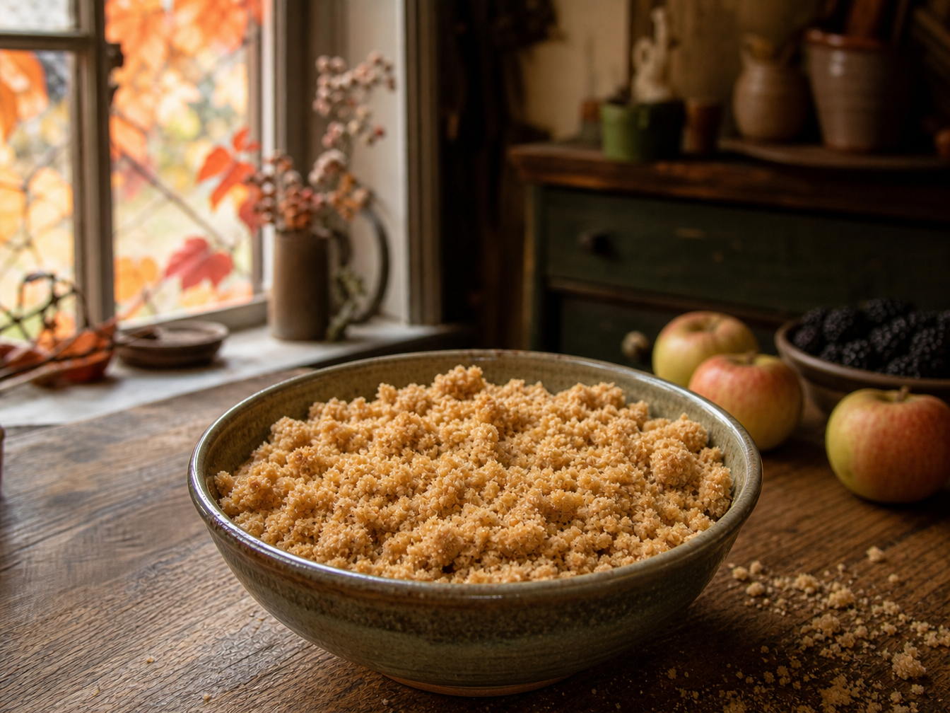 Traditional flour, butter and brown sugar crumble topping in a rustic ceramic bowl.