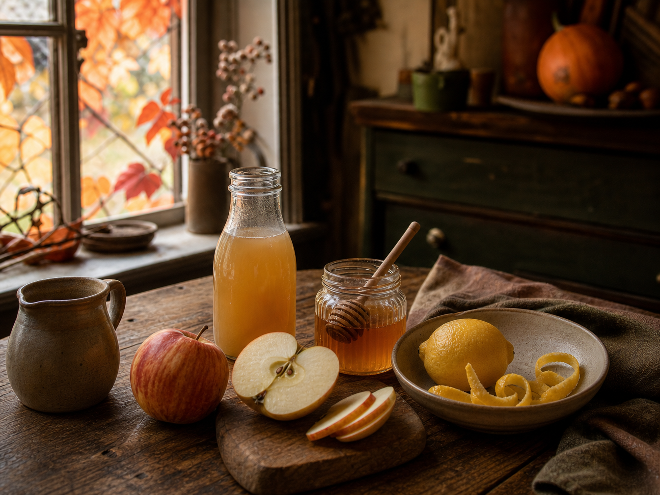 Apple juice, apples, honey and lemon arranged in the autumn Cottage Kitchen.