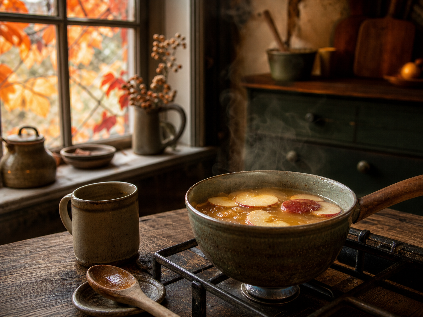 Warm apple and honey drink gently heating with apple slices in a rustic saucepan.