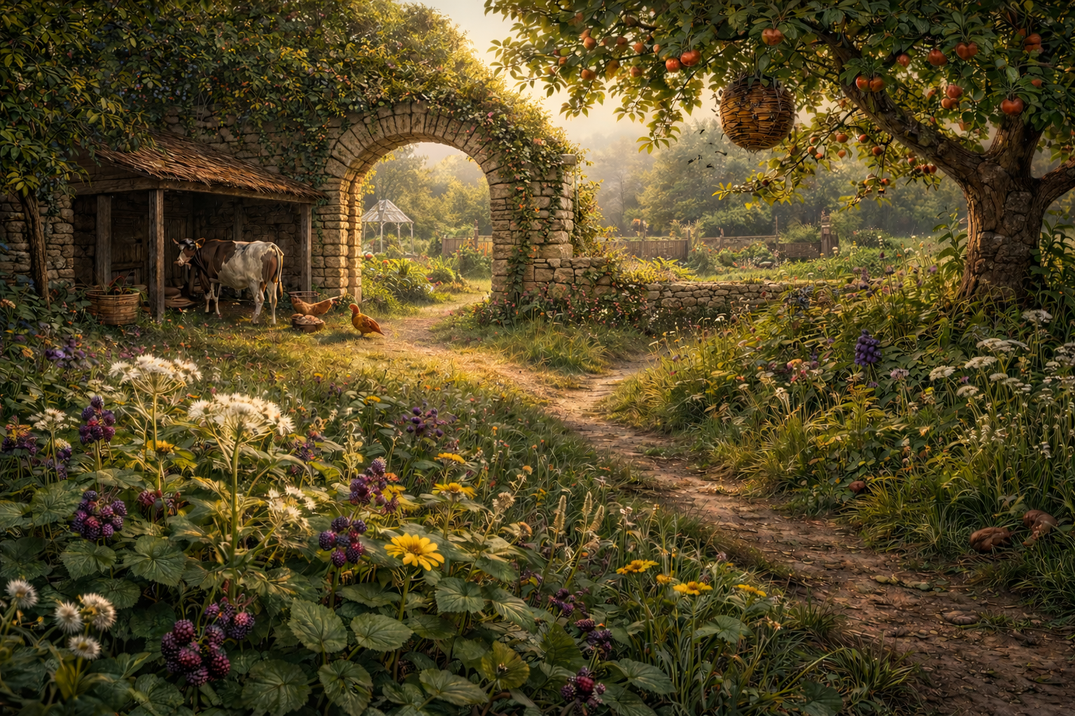 A sunlit meadow beyond the kitchen garden arch