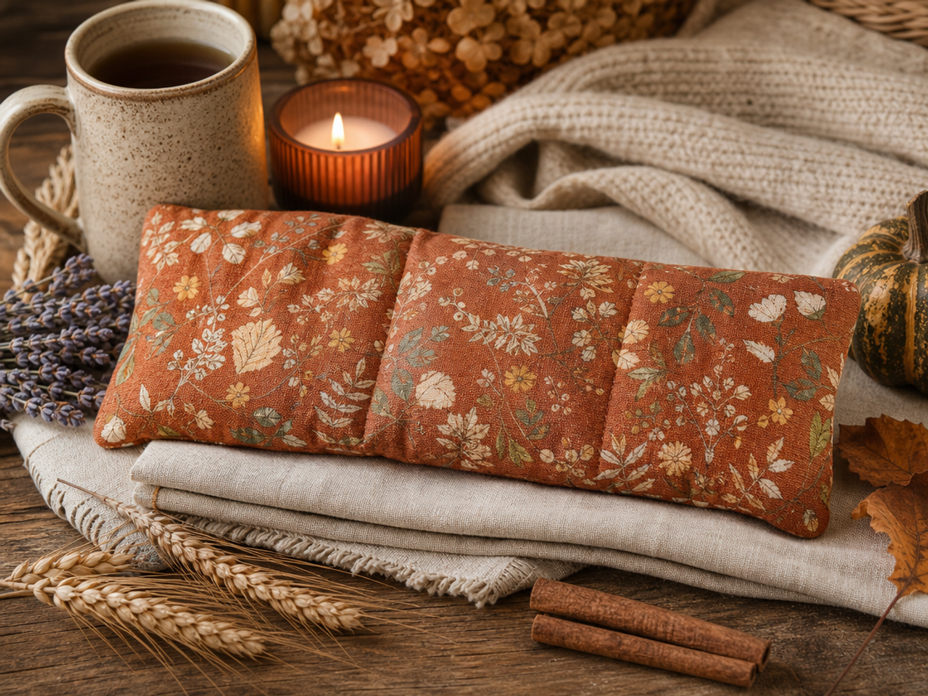 A handmade autumn heat pack in rust-coloured botanical fabric beside a mug, candle, lavender and wheat.