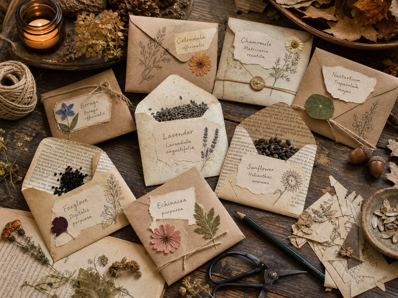 Handmade autumn seed envelopes made from kraft paper, recycled paper and botanical scraps.
