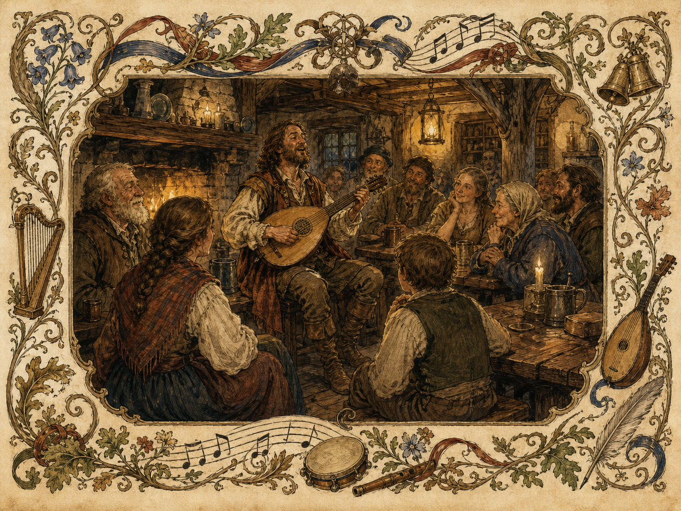 A traditional bard singing in an old inn