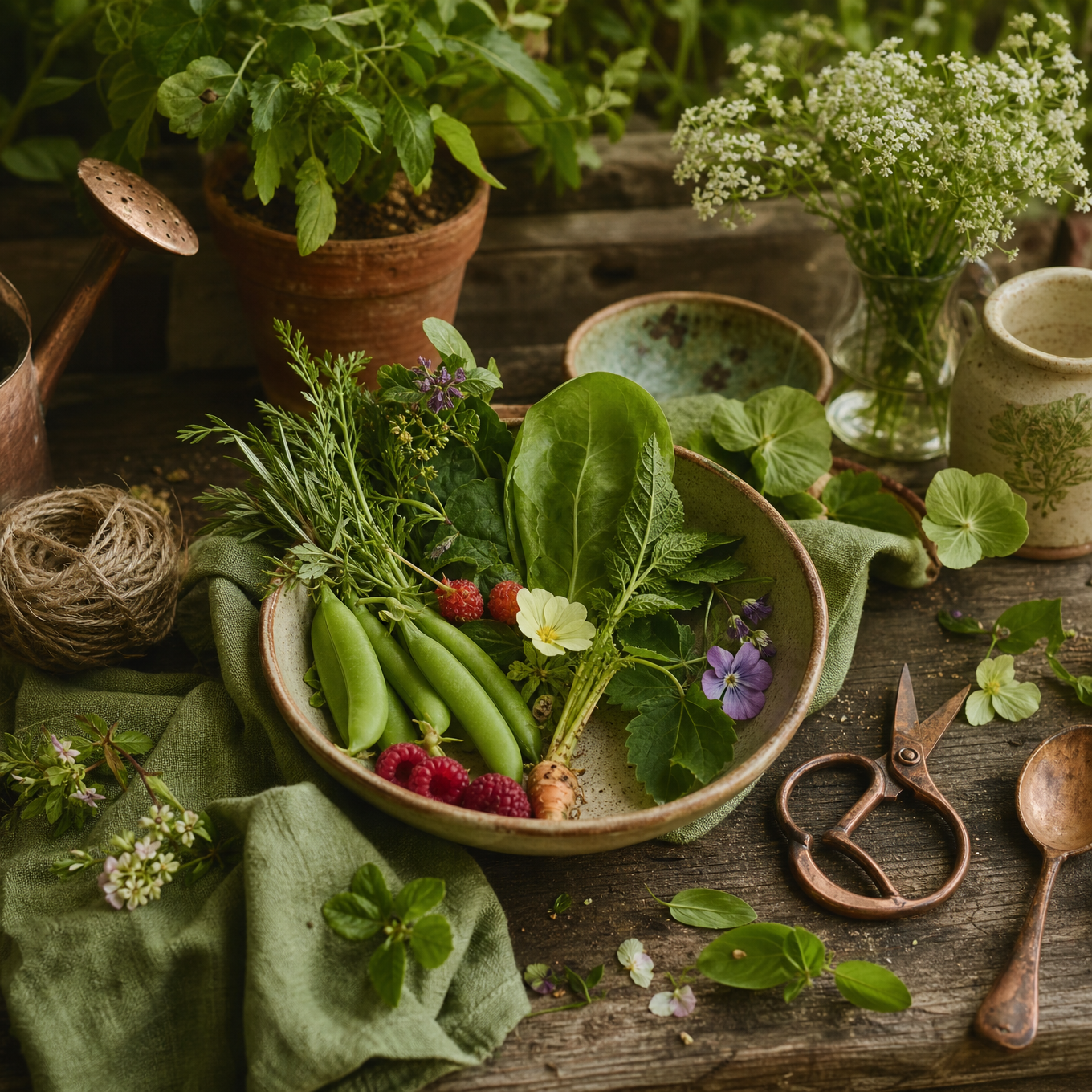 A gentle first harvest in a ceramic bowl with peas, herbs, berries, leaves, flowers, and copper garden tools on a rustic table