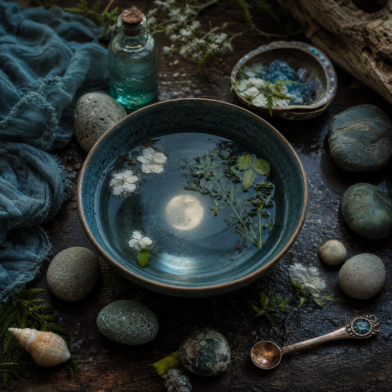 A water element still life with a reflective bowl of water, moonlight, stones, shell, teal cloth, flowers, and a silver spoon