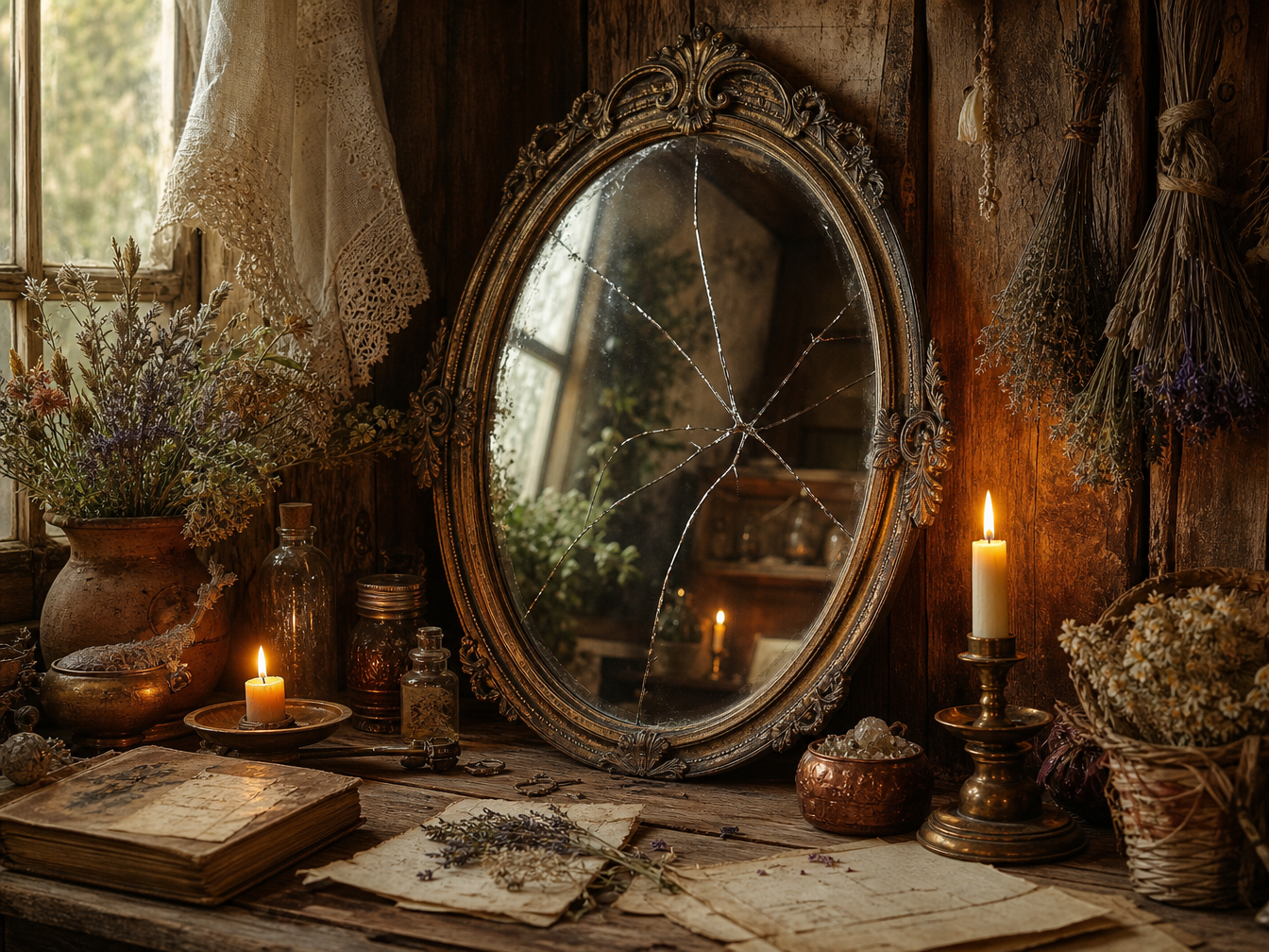 An old cracked mirror in a candlelit cottage setting.