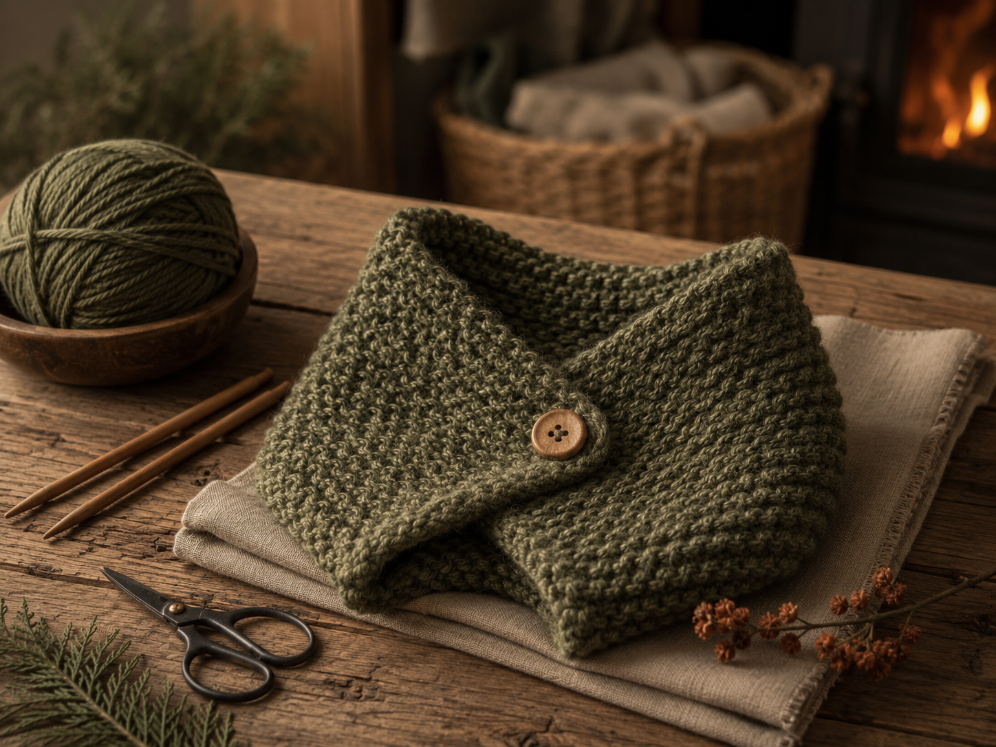 A handmade knitted neck warmer in an earthy woodland shade, finished with a decorative wooden button.