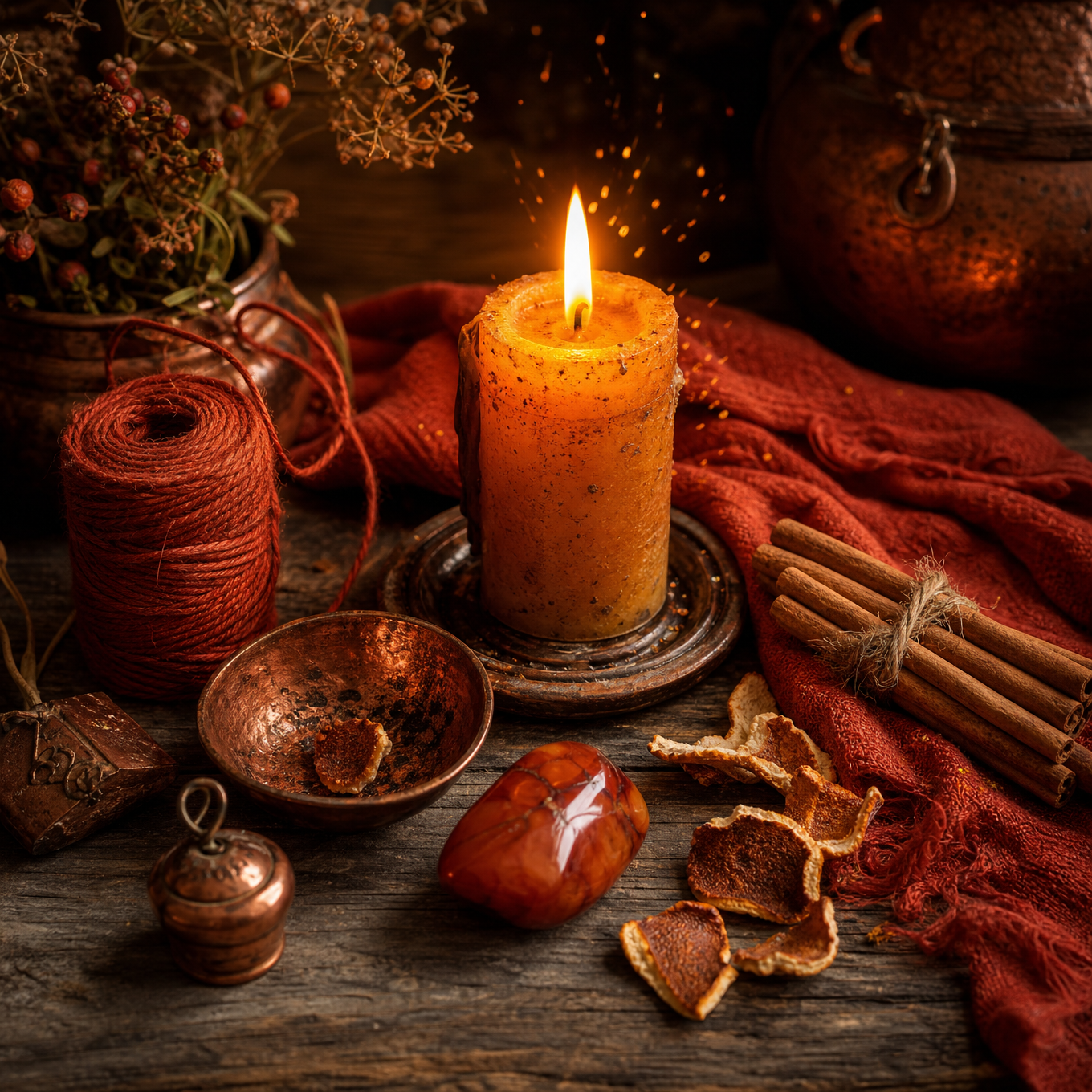 A fire element still life with a glowing candle, red thread, cinnamon sticks, dried orange peel, copper dish, ember stone, and warm sparks