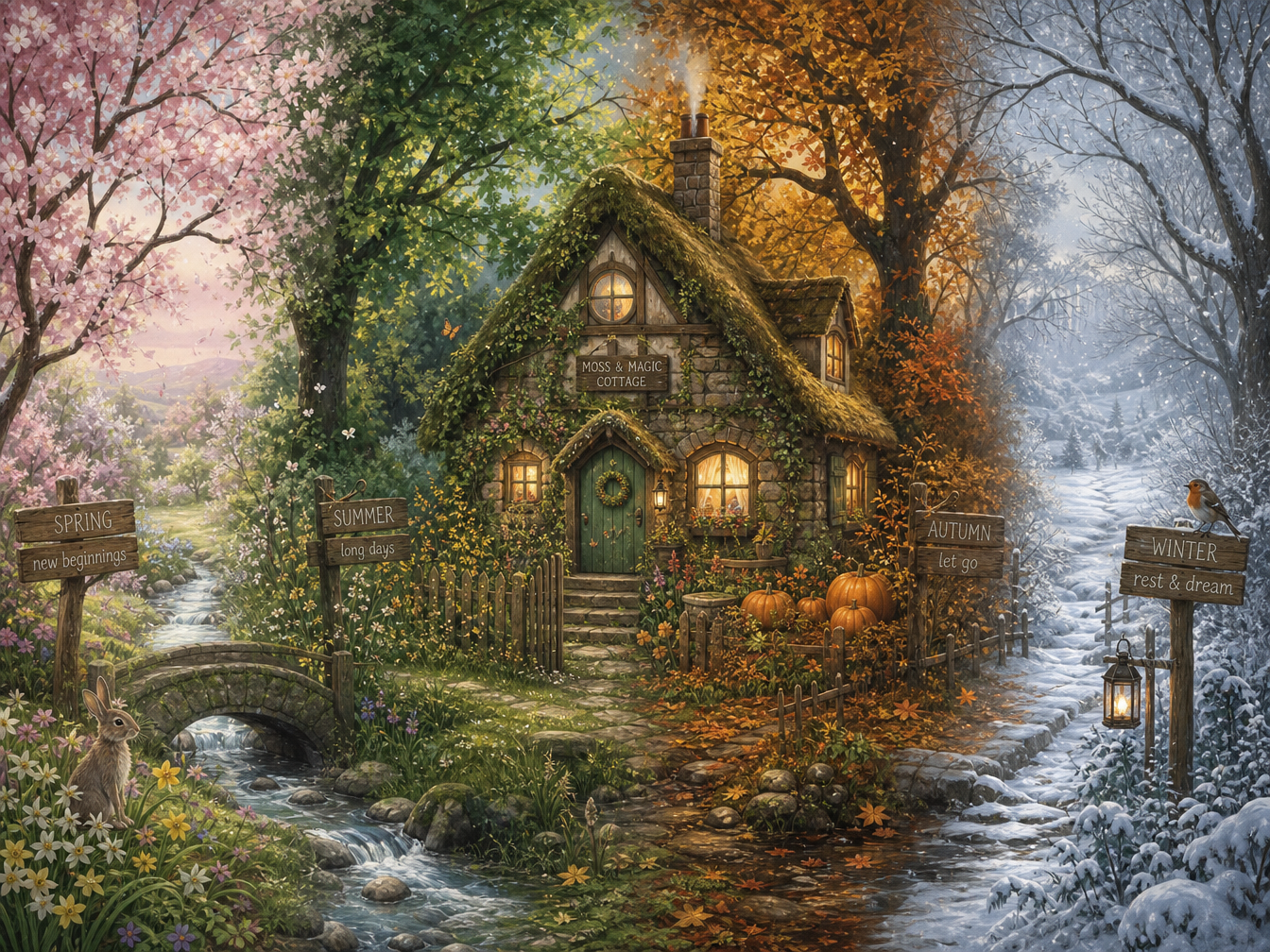 The Moss and Magic Cottage shown through spring, summer, autumn and winter