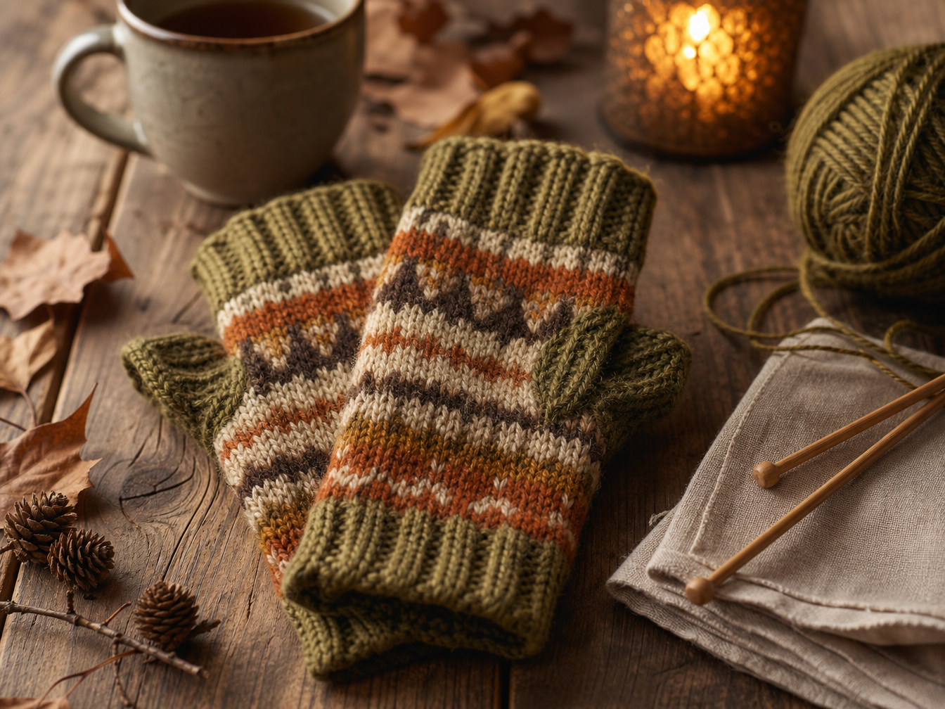 A pair of cosy knitted hand warmers in autumn shades resting on a rustic wooden table with knitting needles, yarn, a mug and candlelight nearby.