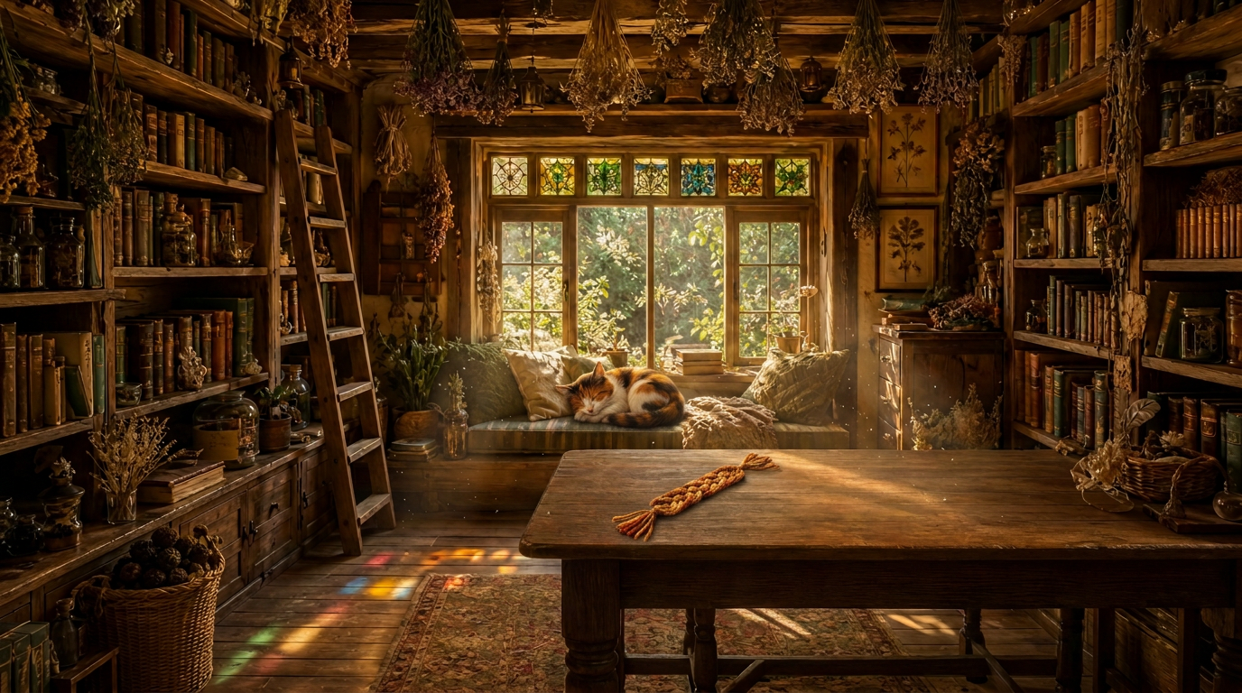 A warm cottage library with wooden bookshelves, a sunlit reading nook, an oak table and Tweek asleep by the window