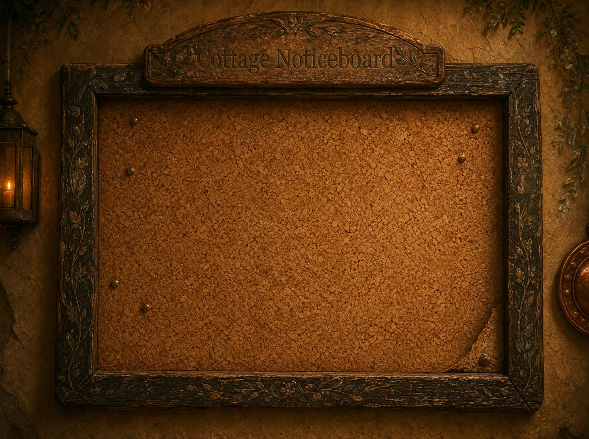 An old wooden Cottage Noticeboard with a worn cork centre