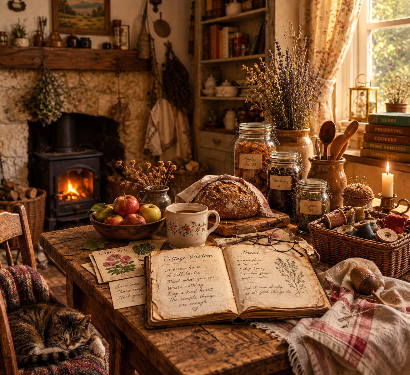 A warm old cottage kitchen with mending, preserving jars, bread, herbs and a handwritten household book