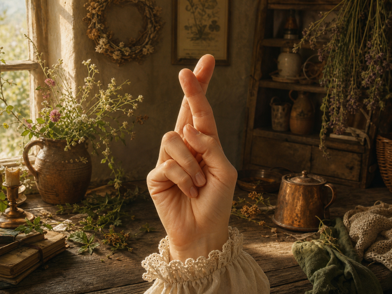 A hand with crossed fingers in a warm cottage interior.