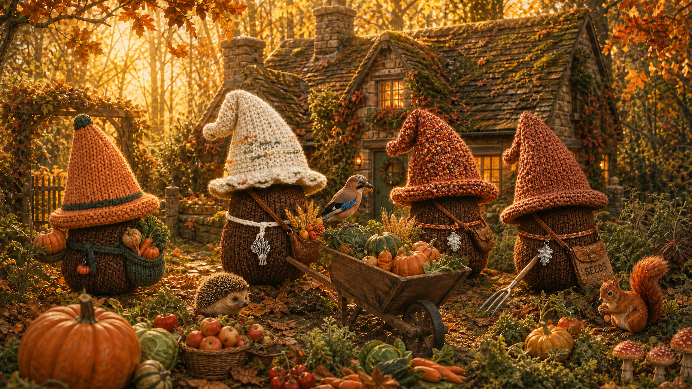 The Autumn Folk gathering the harvest outside a woodland cottage