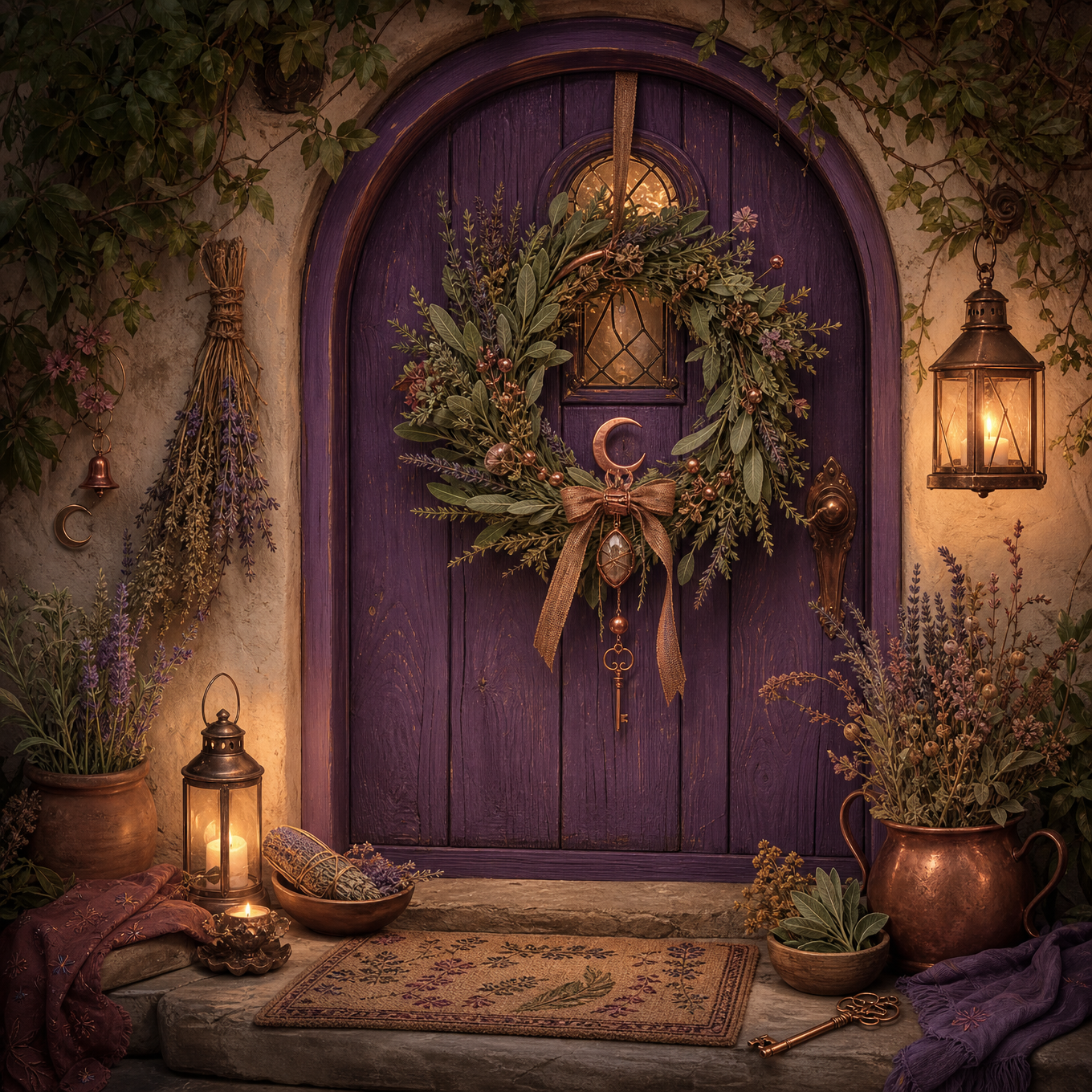 A welcoming cottage doorway with herbs, flowers, lantern light, and a warm threshold blessing