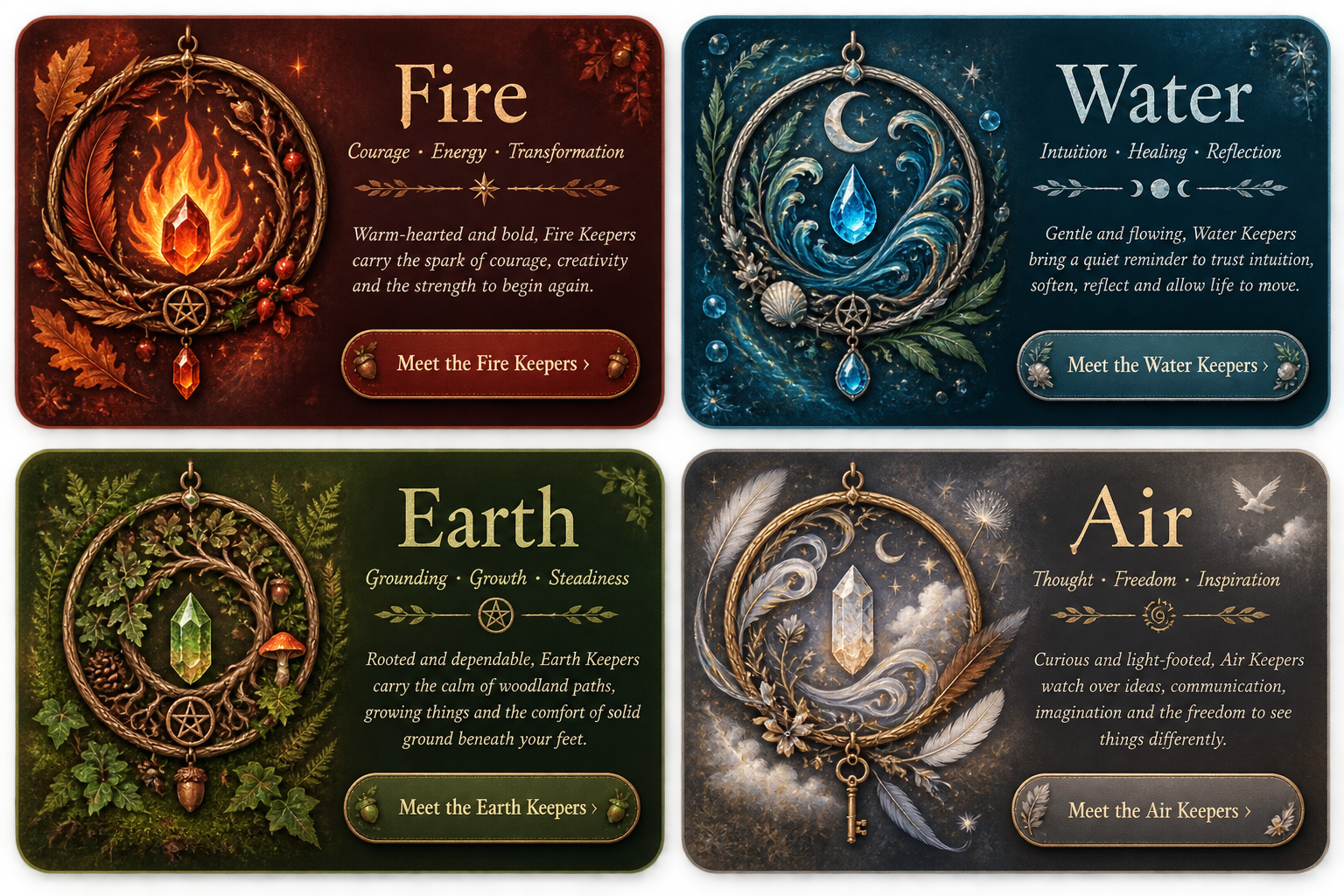 The four Elemental Keepers: Fire, Water, Earth and Air