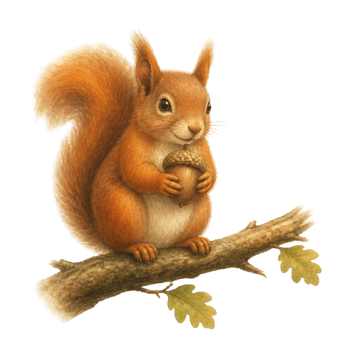 A red squirrel holding an acorn
