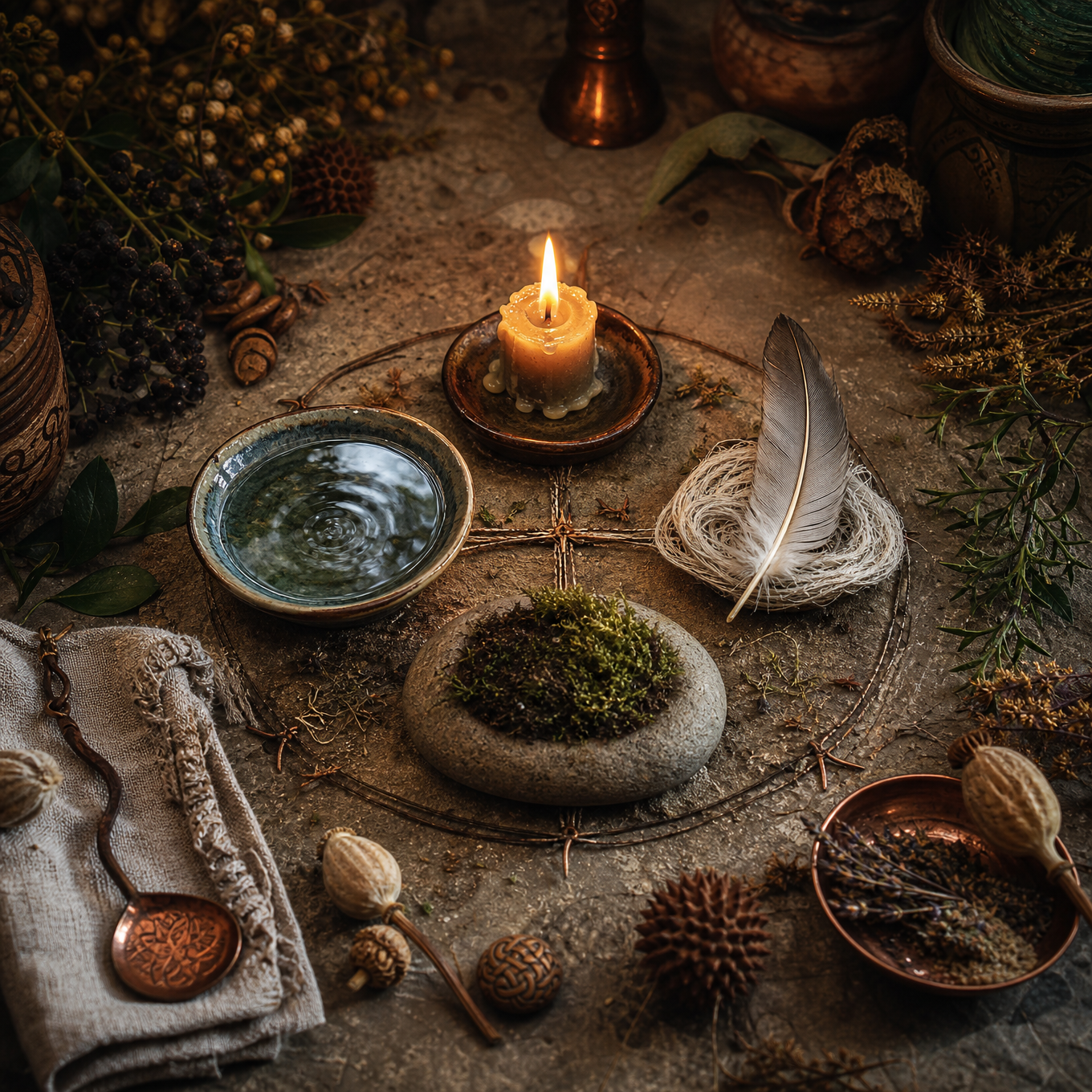 A balanced elemental still life with a candle for fire, a bowl of water, a feather for air, and a mossy stone for earth