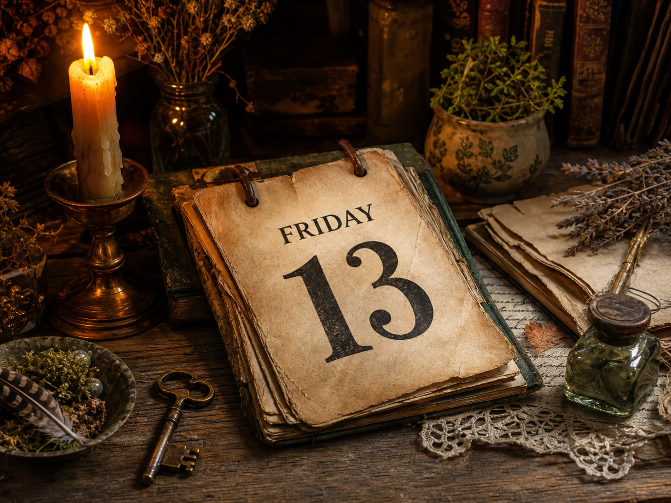 An old calendar page showing Friday the 13th in a candlelit cottage setting.