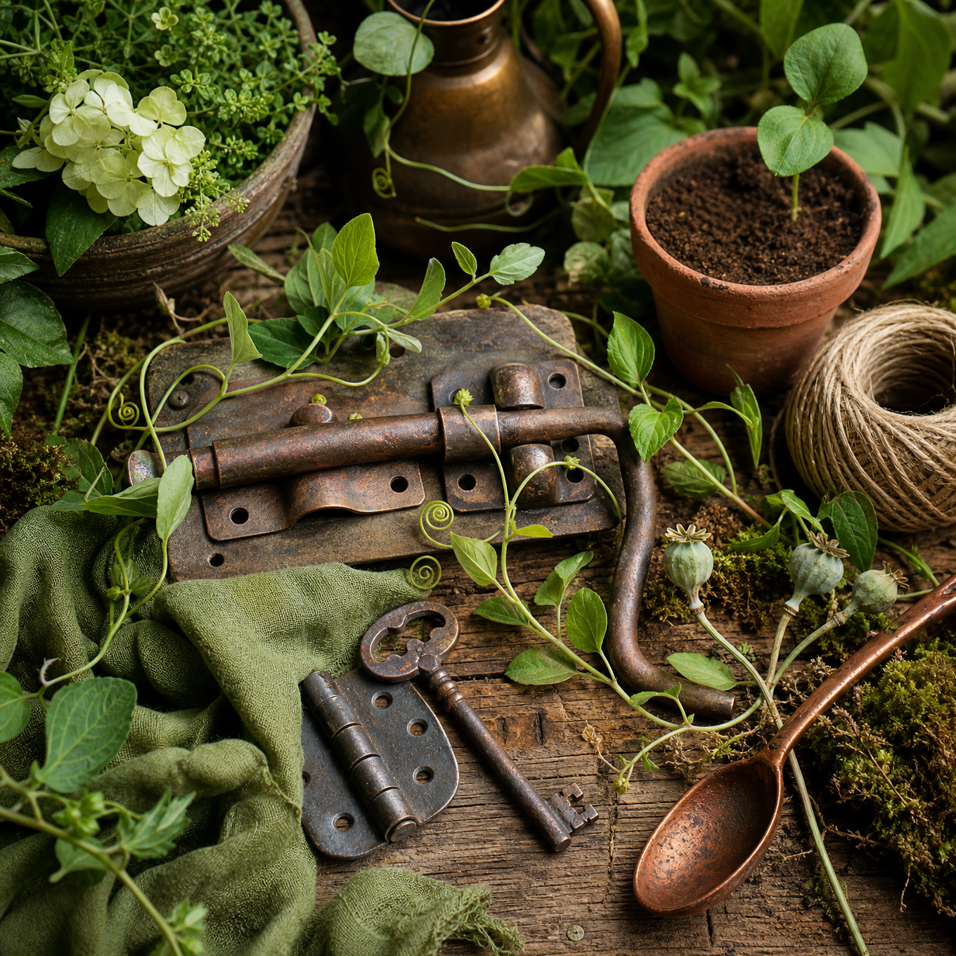 A garden still life with an old gate latch, key, vine cuttings, terracotta pot, copper spoon, and green cloth on a rustic bench