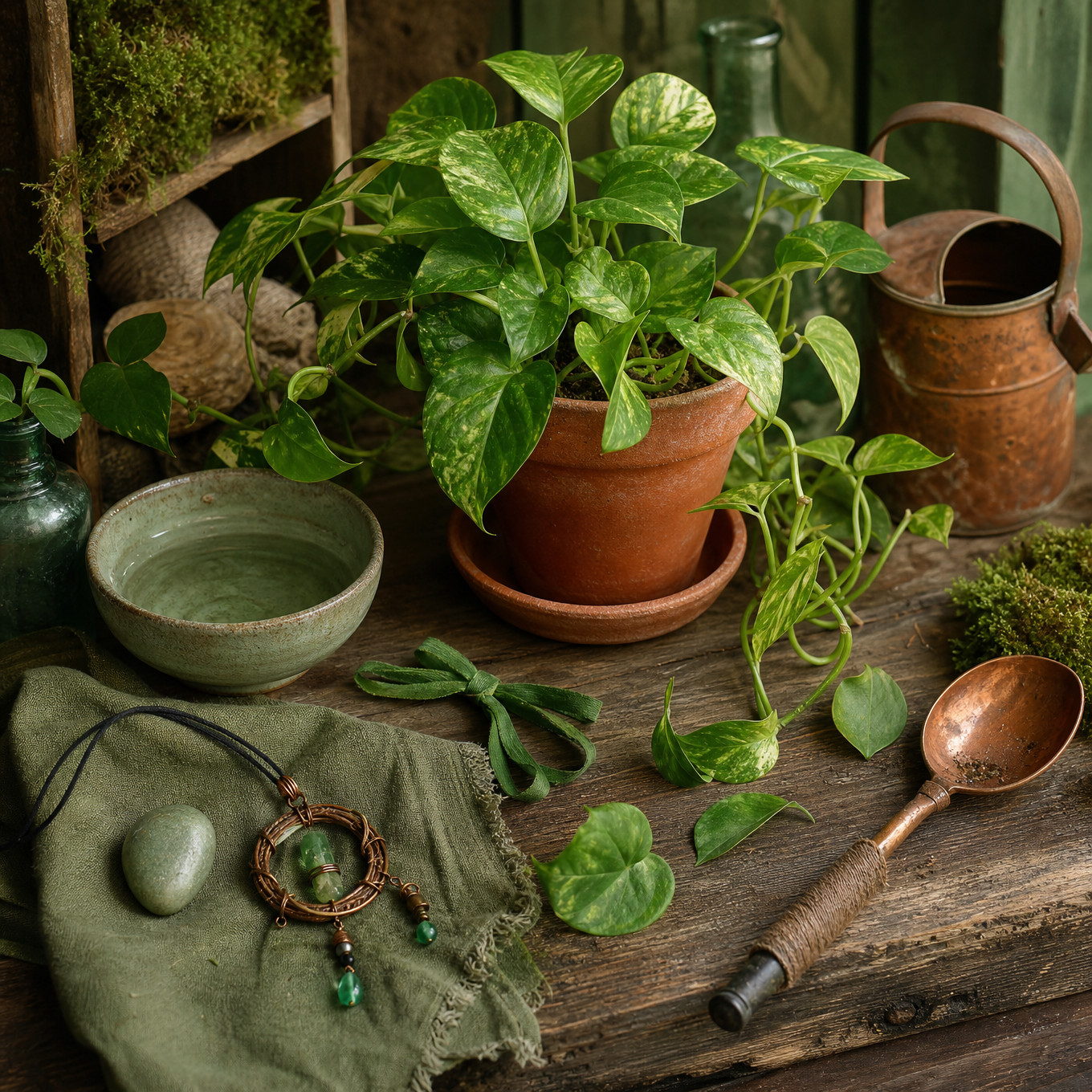 A favourite potted green plant with a small charm, water bowl, stone, copper spoon, and moss-green cloth on a rustic wooden table