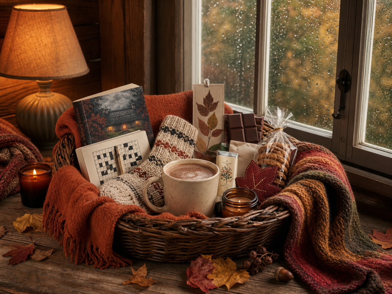 A cosy autumn hamper beside a rain-speckled cottage window, filled with books, puzzles, warm socks, biscuits, chocolate, candles and a hot drink.