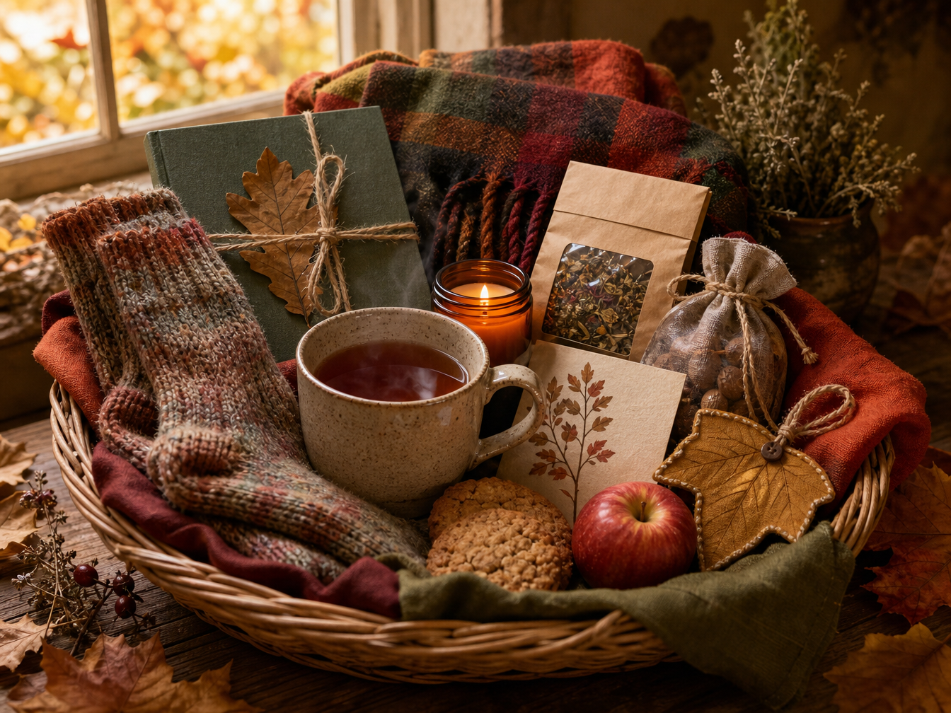 A Mabon gift hamper filled with cosy knitted socks, a blanket, a journal, herbal tea, biscuits, an apple, a candle and autumn decorations.