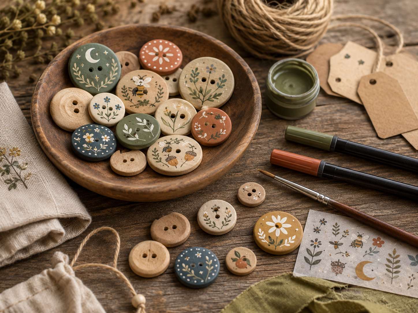 A collection of plain and hand-decorated wooden buttons painted with flowers, leaves, moons, bees and woodland motifs.