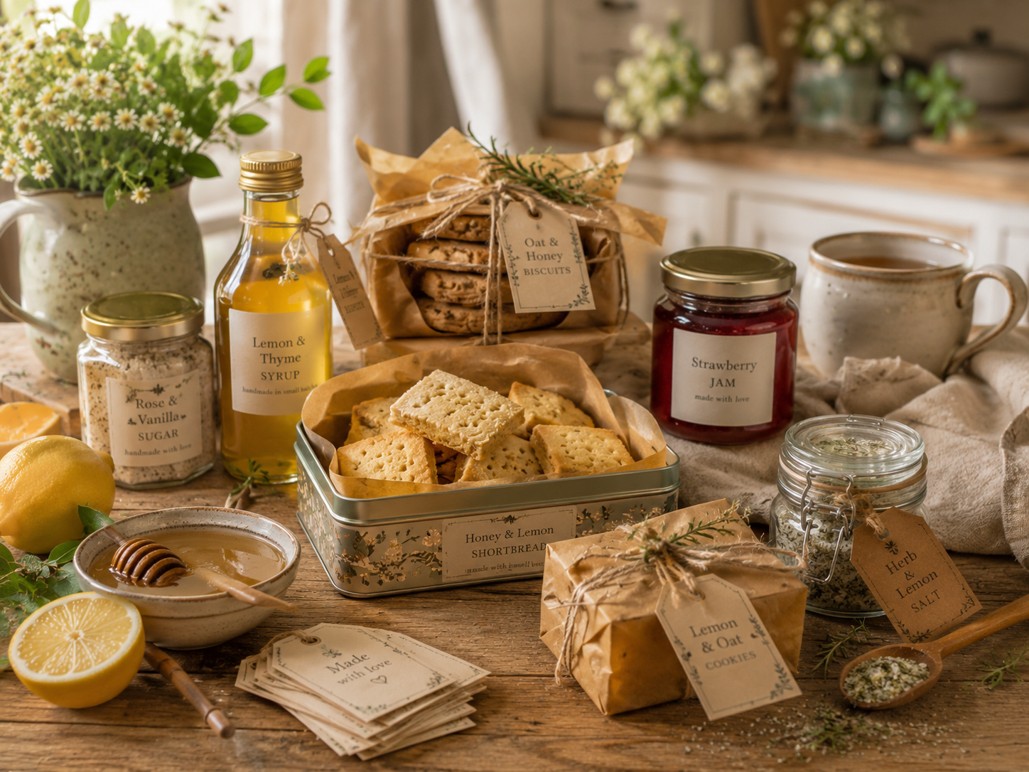 Homemade honey and lemon shortbread with lemons, honey, tea and simple gift packaging on a rustic cottage table.