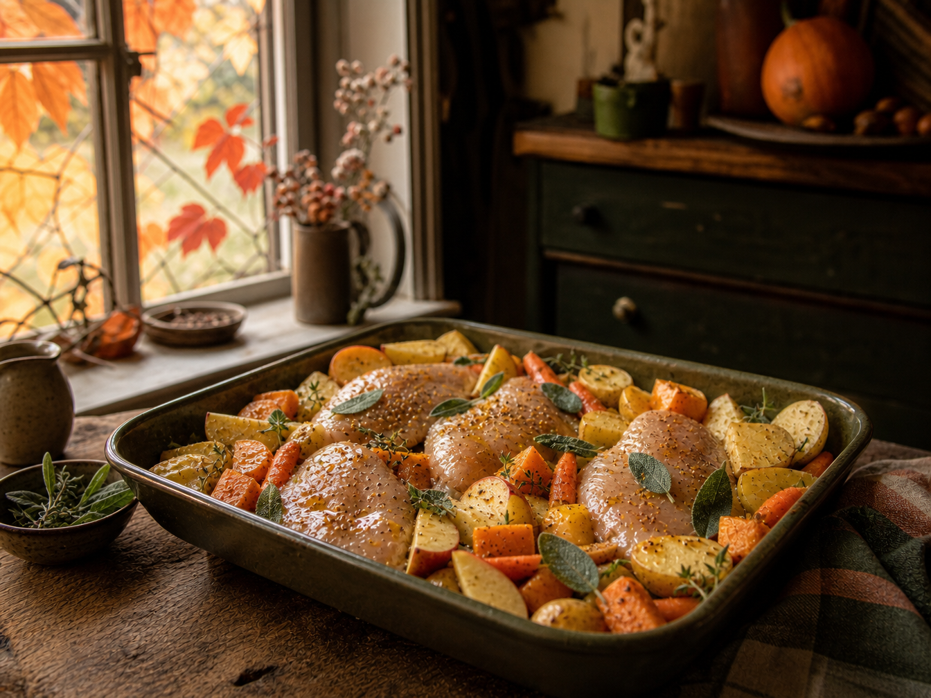 Chicken breasts, apples and autumn vegetables assembled in a roasting tray ready for the oven.