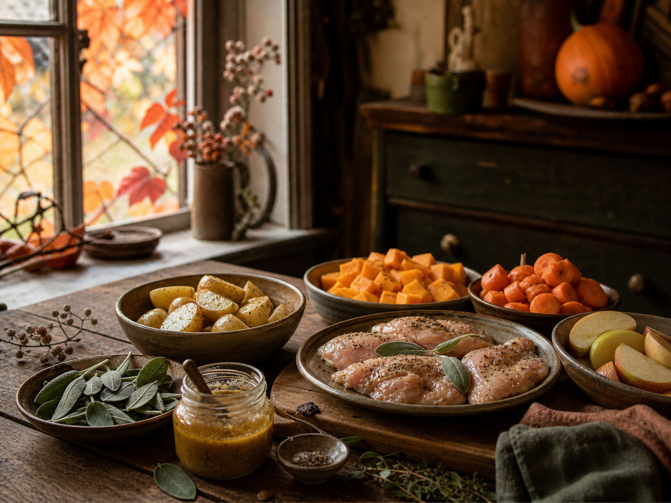 Chicken breasts, potatoes, squash, carrots, apples, sage and honey mustard glaze arranged in the Cottage Kitchen.