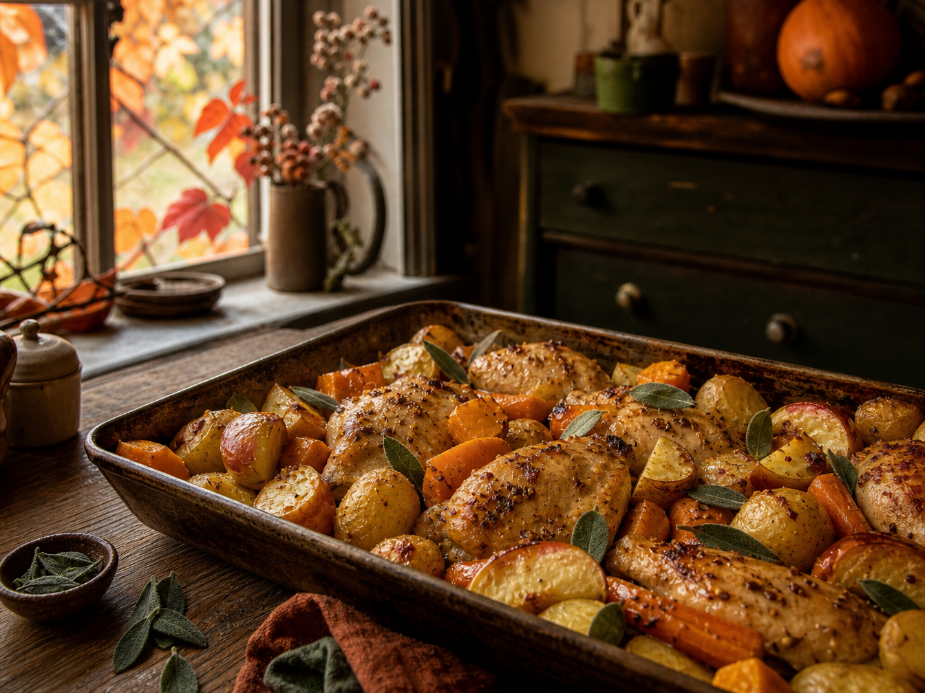 Harvest chicken, apple and sage traybake.