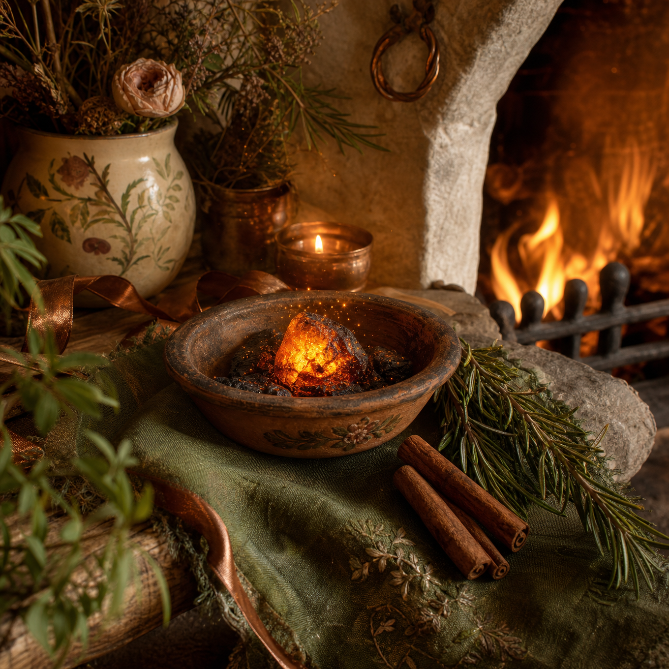 A warm hearth ember charm glowing beside a cosy fireplace with copper, cinnamon, sage green and rose-gold details