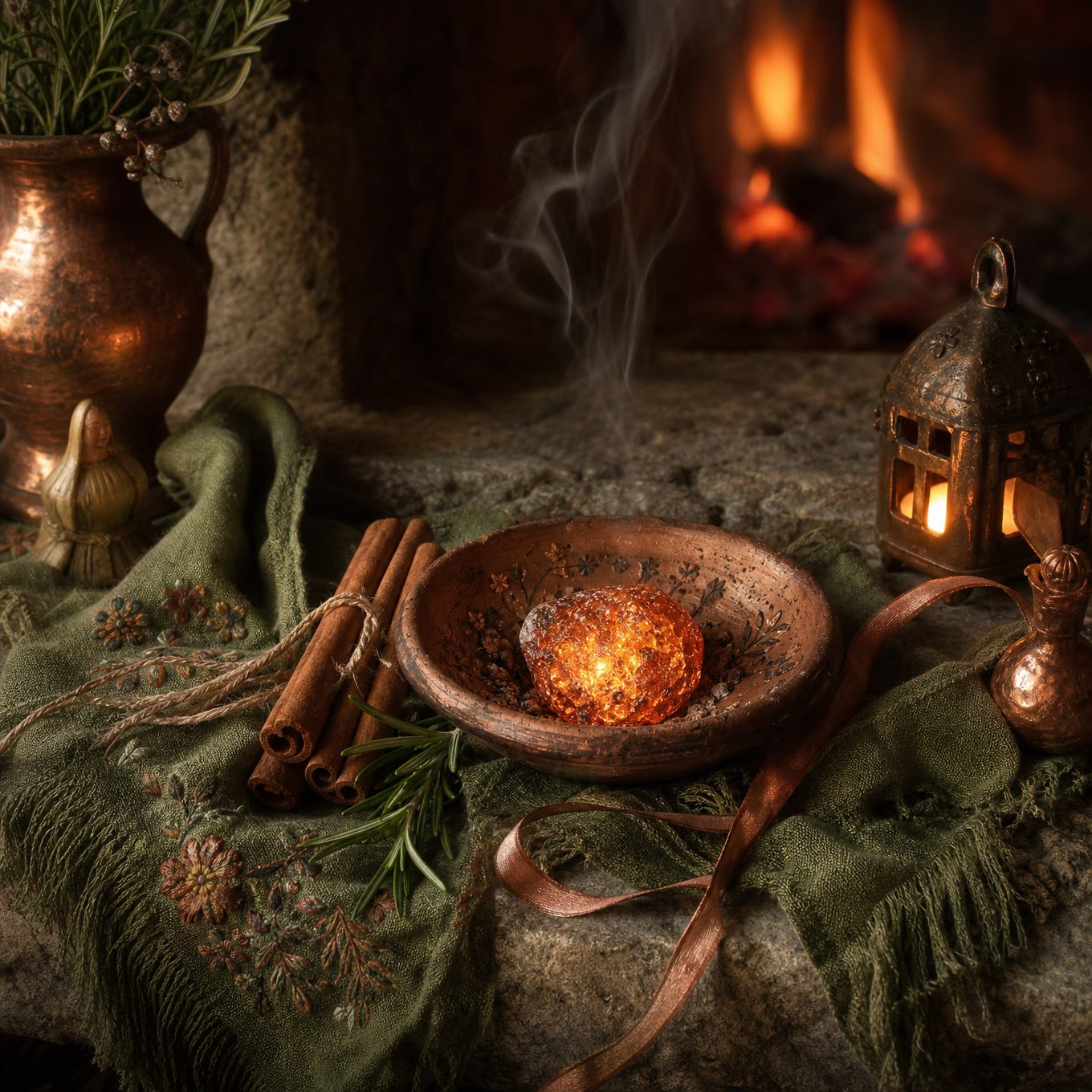 A cosy hearth smoke blessing with herbs, ribbon, copper details, and soft smoke rising beside a warm fire