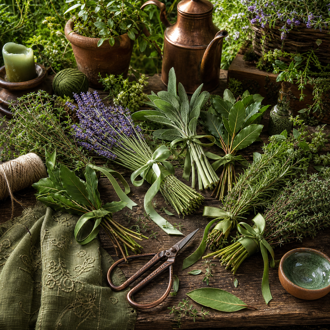 A garden still life of tied herb bundles with green ribbons, copper scissors, twine, and a rustic potting bench