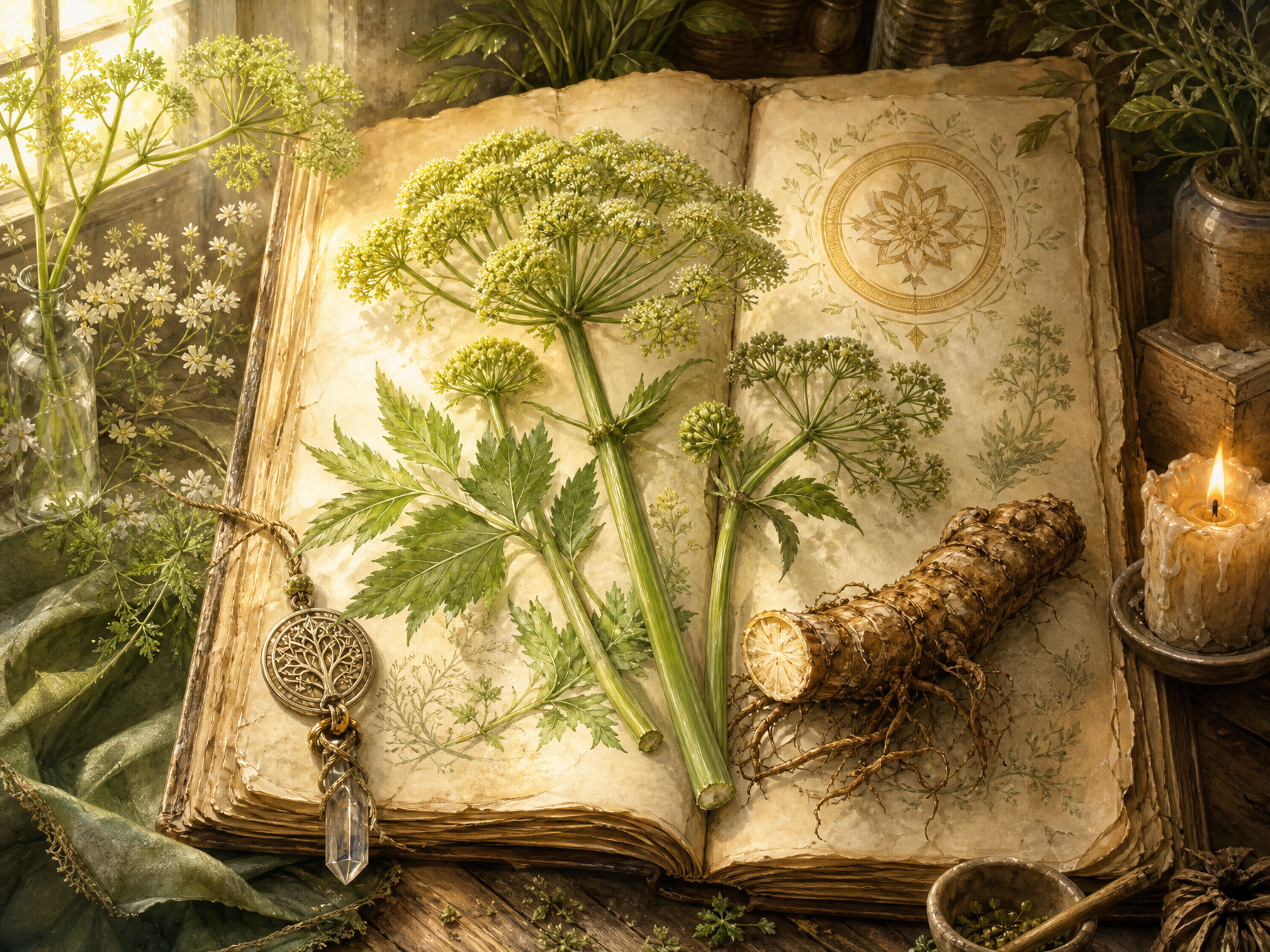Angelica stems, pale flower umbels and root arranged on parchment in a cottage apothecary style