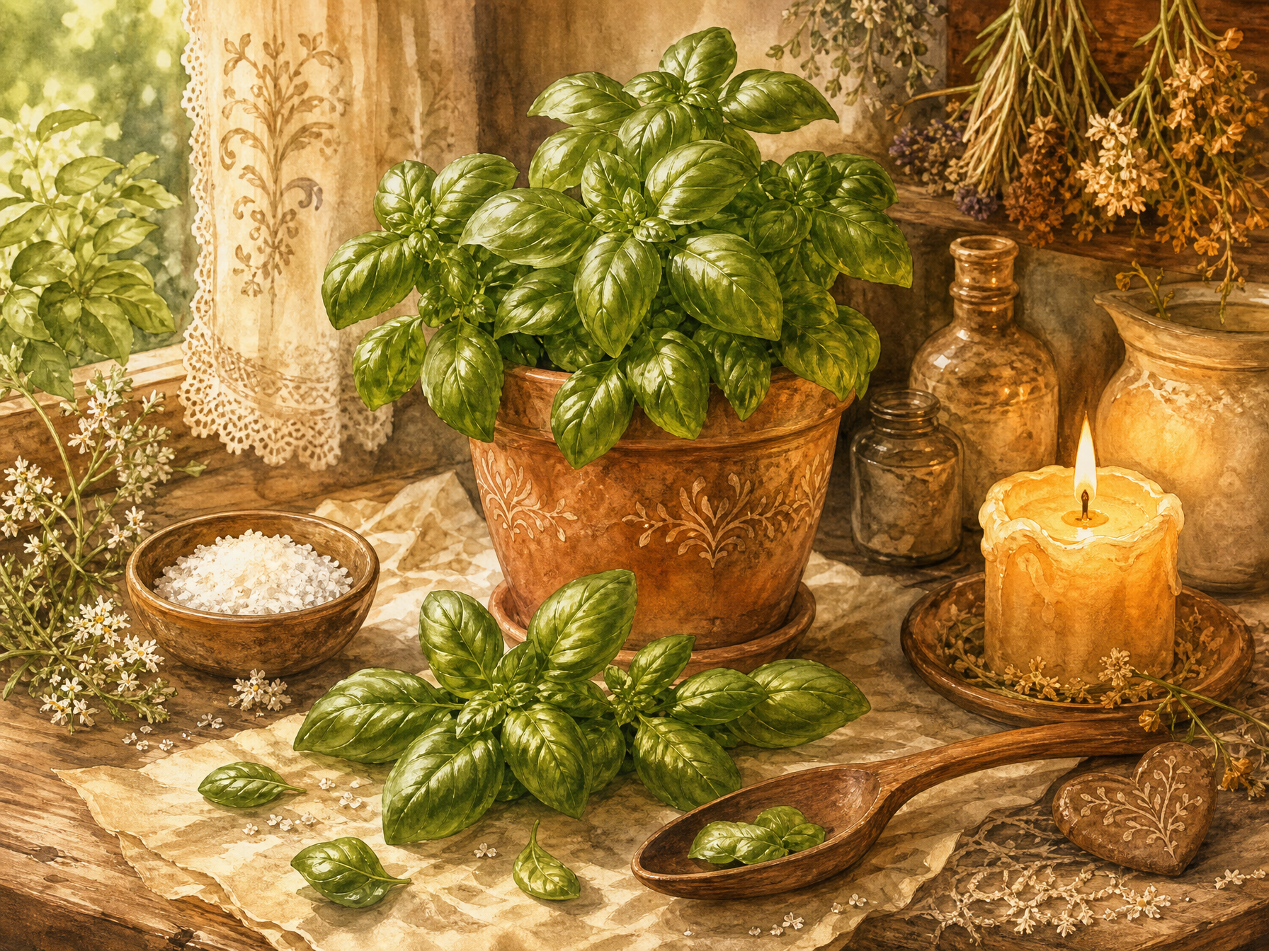 Fresh basil in a terracotta pot with salt, candlelight and kitchen apothecary tools