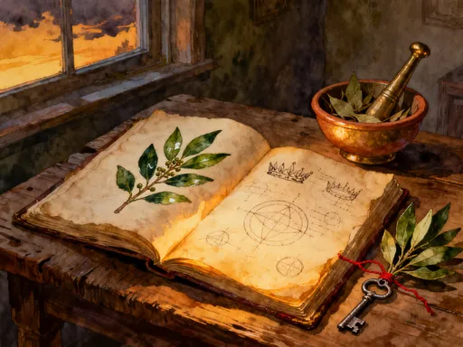 Bay laurel sprig painted on parchment beside a small brass bowl in a cottage apothecary style