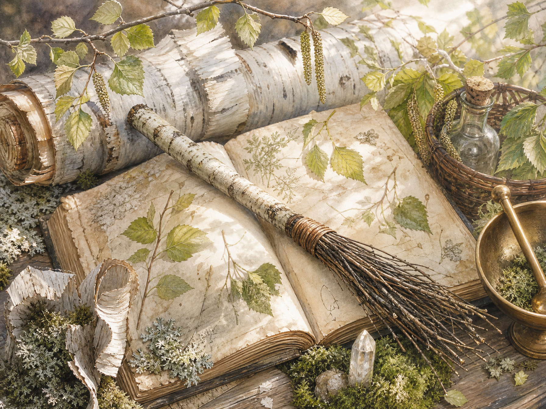 Birch bark, leaves, catkins and a twig broom arranged on parchment in a woodland apothecary style