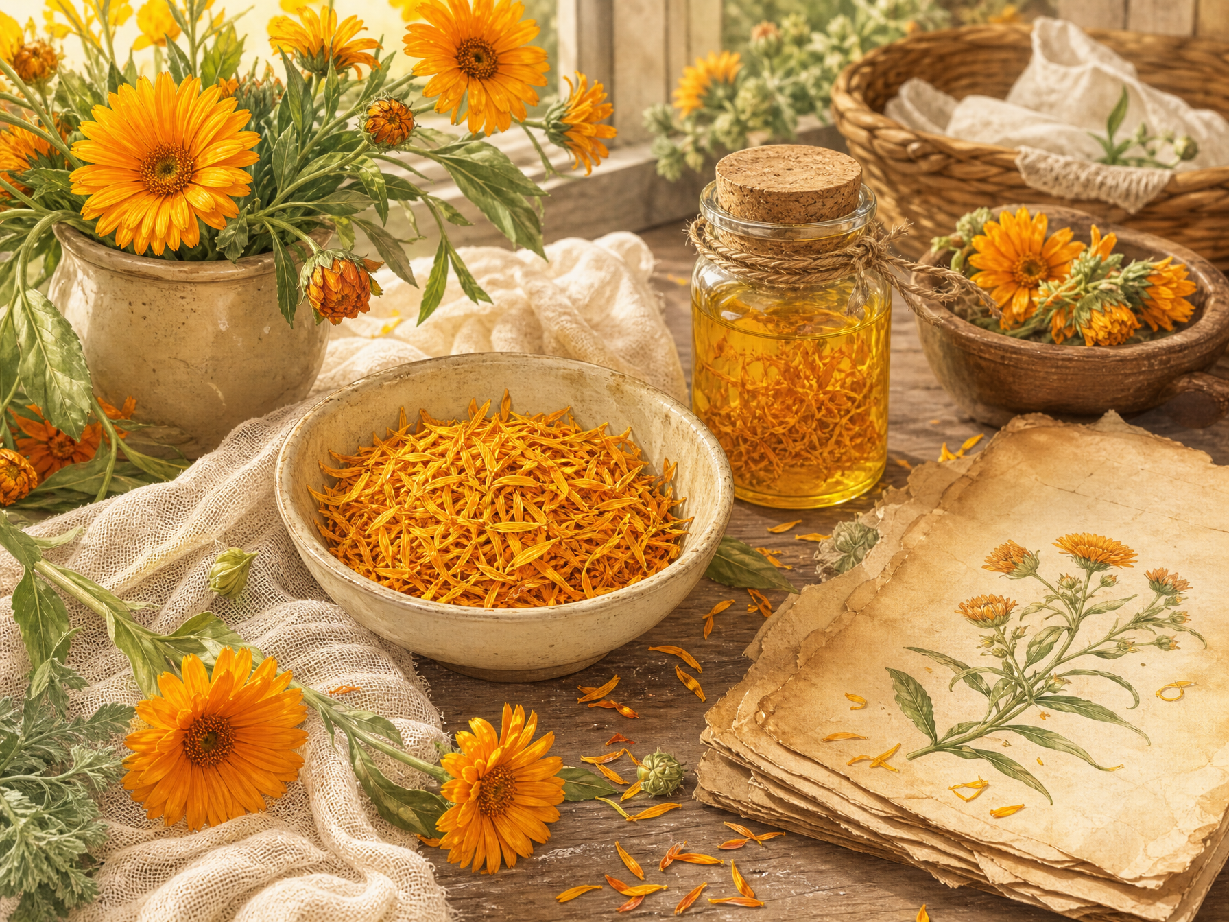 Calendula flowers, golden petals and infused oil arranged on parchment in a cottage apothecary style