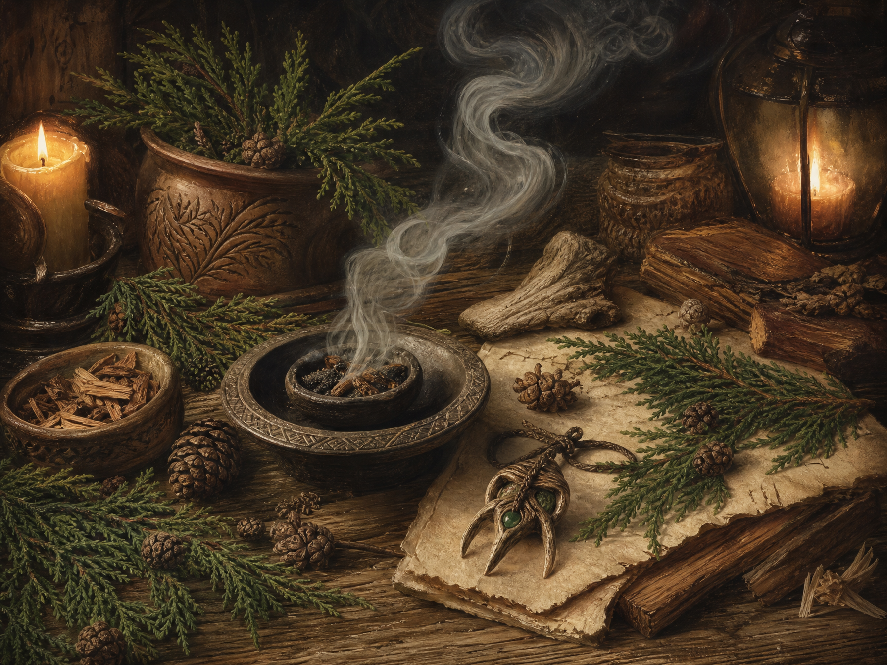 Cedar sprigs, cones, fragrant wood and cleansing smoke arranged on parchment in a woodland apothecary style
