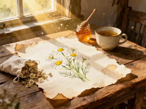 Chamomile flowers, tea and soft cottage apothecary objects arranged on parchment