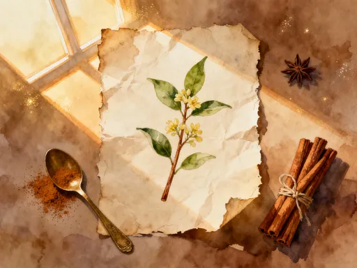 Cinnamon sticks, warm spice, parchment and kitchen apothecary objects in candlelight