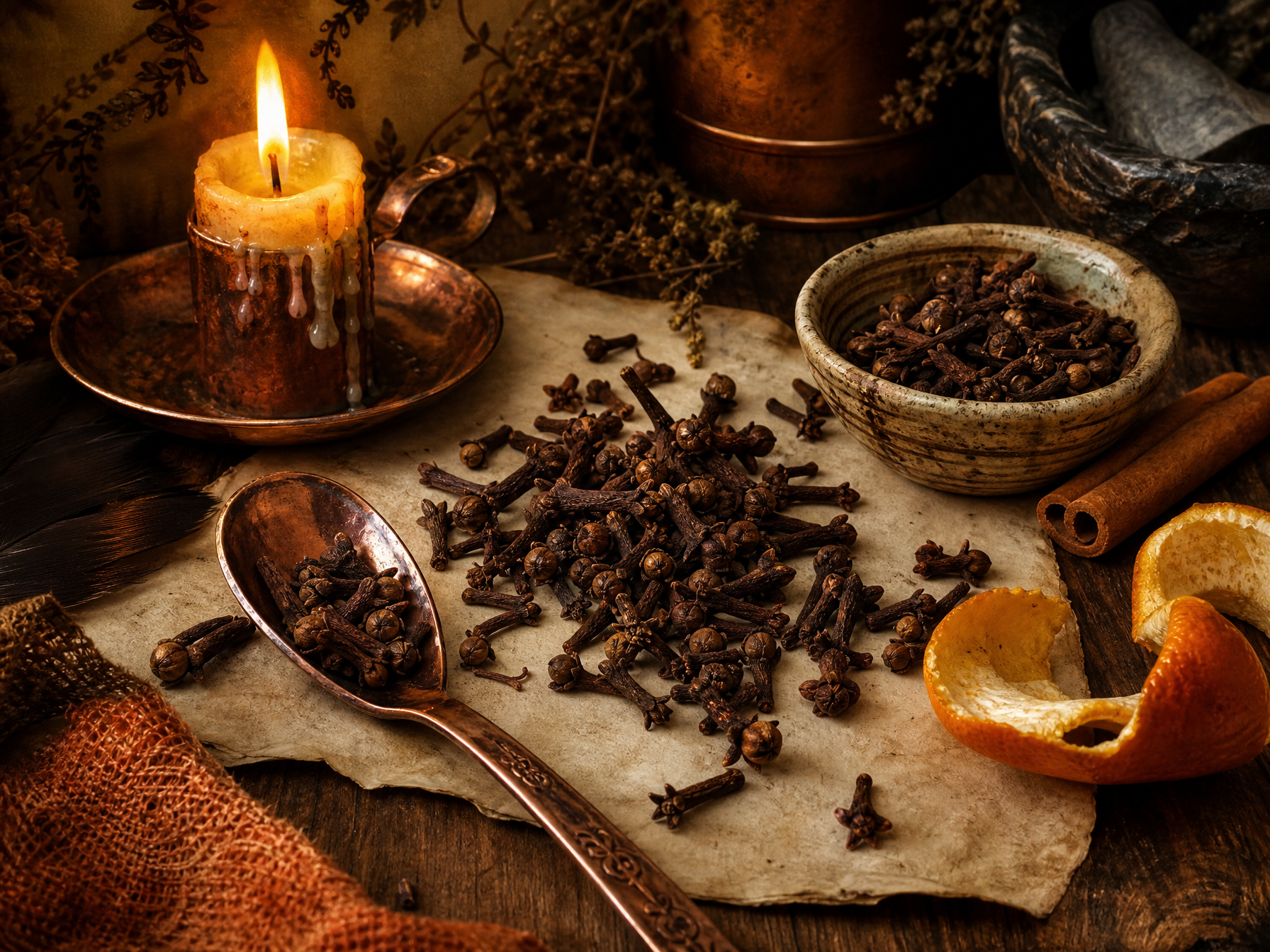Whole cloves, copper spoon, orange peel and candlelight arranged on parchment in a kitchen apothecary style