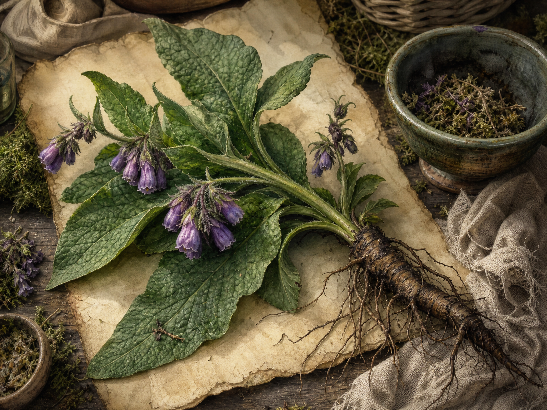 Comfrey leaves, purple flowers and root arranged on parchment with cottage apothecary tools